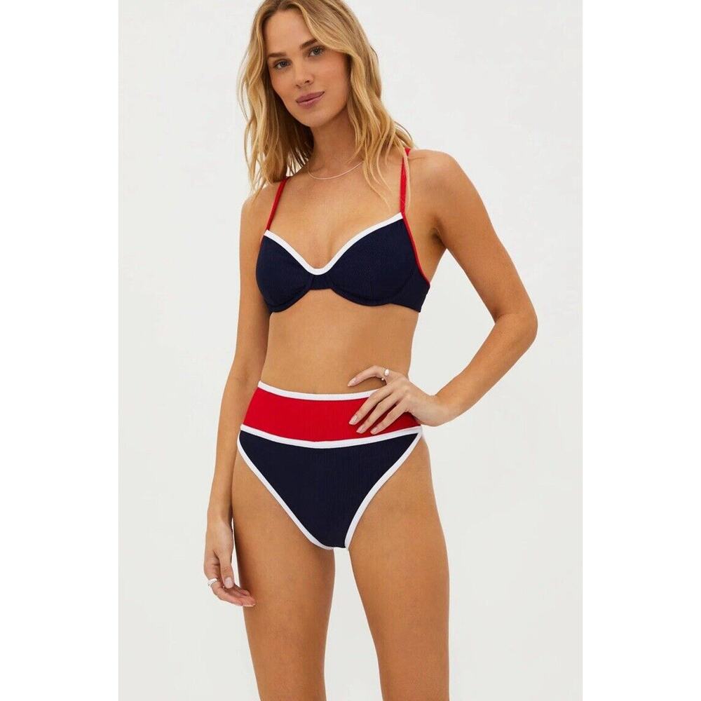 NEW BEACH RIOT 'Carlotta' Ribbed Bikini Bottoms Size L Large Navy Americana $98